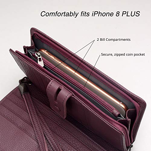 Bveyzi Women's Big Fat Rfid Leather Wristlet Wallet Organizer Large Phone Checkbook Holder with Zipper Pocket (Purple) - color: Purple