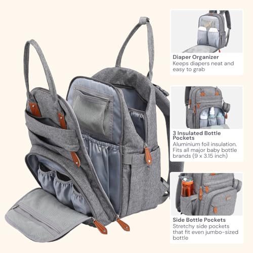 BabbleRoo Diaper Bag Backpack - Baby Essentials Travel Tote - Multi Function Water Resistant Diaper Bag, Travel Essentials Baby Bag with Changing Pad, Stroller Straps & Pacifier Case - Light Gray - color: Light Gray, size: Large