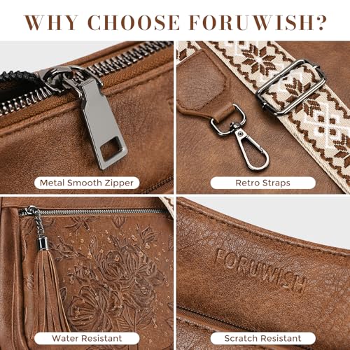 Crossbody Bags for Women, Medium Vegan Leather Purses | Large Capacity Multi-Pocket Embossed Shoulder Bag with Boho Strap for Daily Travel - color: Brown