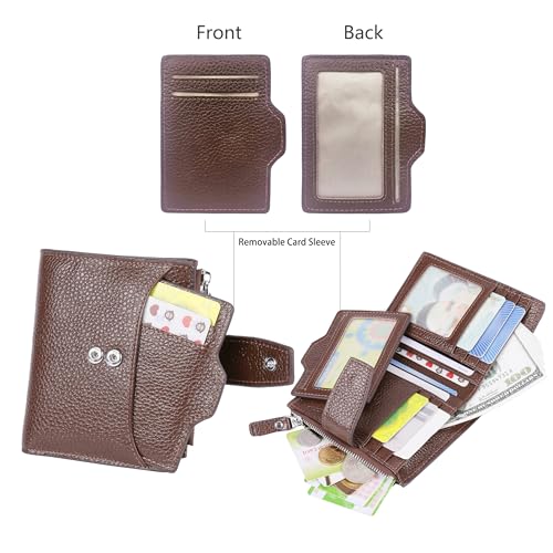 Women's RFID Blocking Leather Small Compact Bi-fold Zipper Pocket Wallet Card Case Purse with id Window - color: Lichee Coffee