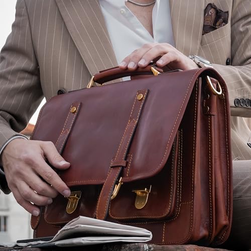 Time Resistance Leather Briefcase – Italian Handmade Leather Laptop Bag – Briefcase Convertible into Backpack - color: Cognac Brown