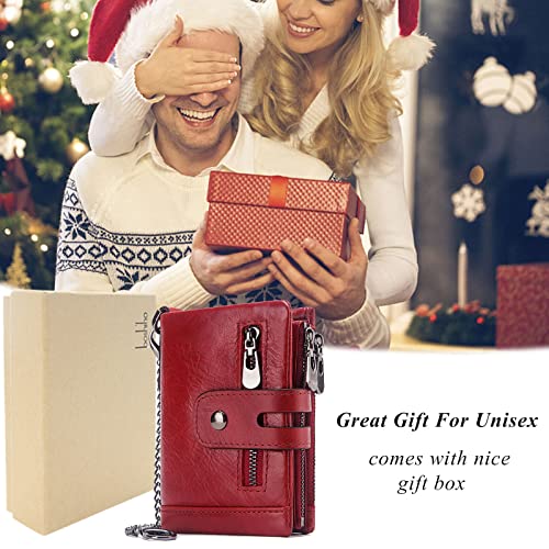 boshiho Genuine Leather Bifold Chain Wallet for Men RFID Blocking - color: Red-2