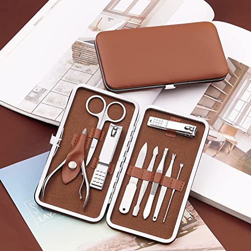Manicure Set, FAMILIFE Professional Manicure Kit Nail Kit Mens Grooming Tools Pedicure Tool 9PCS Gifts for Men Boyfriend Stainless Steel Nail Clipper Set Leather Case Brown - color: Dark-brown