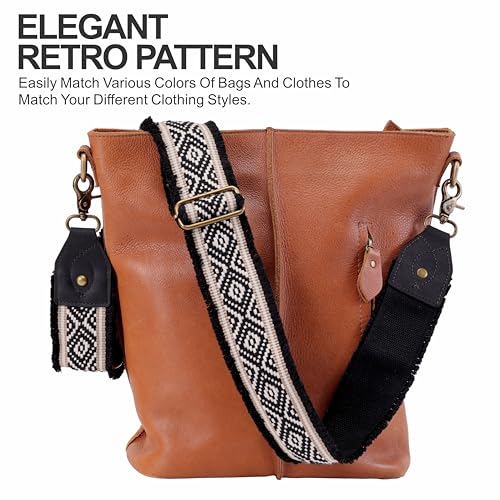 Nefelibata Purse Strap-2"Crazy Horse Leather Bag Strap Adjustable Replacement,Retro Jacquard Embroidery Crossbody Straps - color: Ethnic Diamond Grid