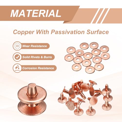 HARFINGTON 15Set Copper Rivets and Burrs Washers 9x3.3x7mm Dimpled Finish Solid Leather Rivet Fastener Studs Posts for Leather DIY Craft Belts Wallets Collars, Copper Tone - color: Copper Tone, size: 9x3.3x7mm