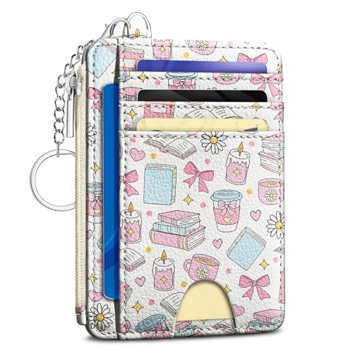Kelvoris Credit Card Holder Small Wallet Women, Slim RFID, Book Coffee Bow | Keychain, Zipper Coin Pocket, Front Pocket Thin Travel Card Case, Minimalist, 6 Card Slots, 1 ID Window, Ladies Gifts Woman - color: Book Bow