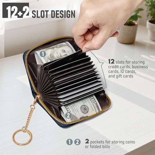 credit card holder for women，Embossed leather Rfid wallet women， KeyChain Wallet - color: navy blue