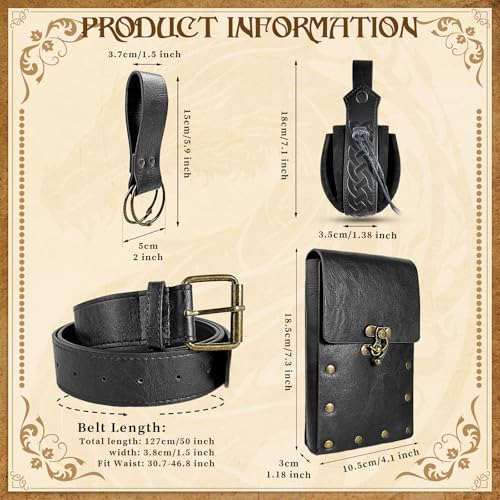 Renaissance Belt Pouch Waist Bag Steampunk Pouch Medieval Leather Belt Skirt Hikes Set, Retro Renaissance Accessories for LARP Cosplay Costume Christmas Gifts (2Pouch-Black) - color: 2Pouch-Black