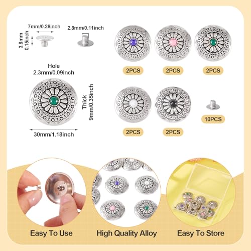 10 Sets Leather Rivets Tibetan Decorative Rivets Alloy Vintage Turquoise Rivets Buttons Rapid Metal Studs for Leather Clothes Bag Purse Craft - color: #08-10 Sets