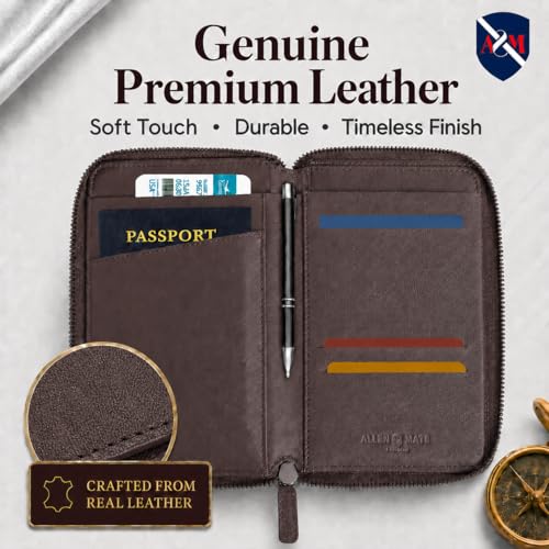 ALLEN & MATE Genuine Leather Passport Holder for Travel, RFID Blocking Travel Wallet Fits 2 Passports and 12 Cards, Zippered Document Organizer with SIM Slot and Pen Loop for Men and Women - color: Brown