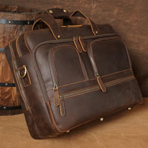 TIDING Vintage Leather Briefcase for Men, X-Large 17.3 Inch Laptop Messenger Shoulder Bag for Office Business Travel