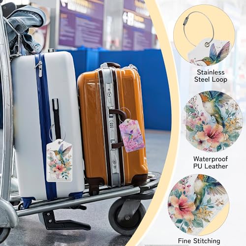 Hummingbird Flowers 3 Pack Luggage Tags for Suitcases, Cute Leather Name Tag with Privacy Cover with Stainless Steel Loops, Travel ID Bag Tags for Women Men - color: Hummingbird Flowers