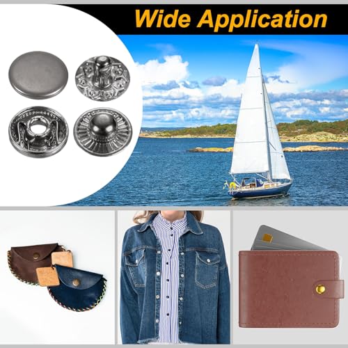 HARFINGTON 24Set Leather Snaps Fasteners Kit 10mm Dia Brass Press-Stud Cap Button 2.72" Length Metal Snap Buttons with 4 Install Tools for Coat Bag Leather Marine Boat Canvas, Gun - color: Gun