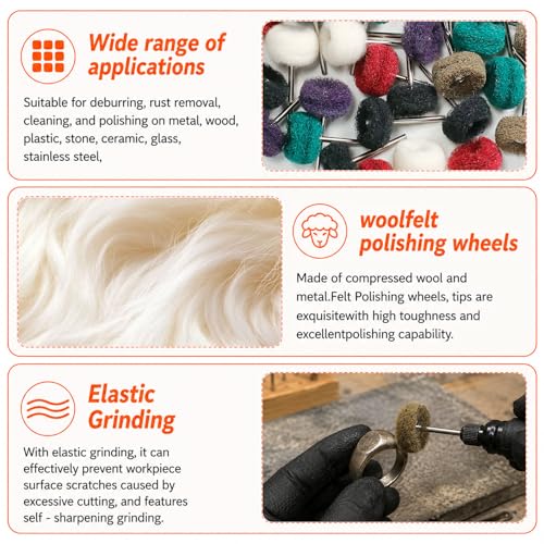 90-Piece Abrasive Buffing & Polishing Wheel Set - 1/8" Shank, 1" (25mm) 80-800 Grit, 15 Wool Felt Buffing Wheels, Rotary Tool Polishing Kit for Metal, Jewelry, Wood, Glass - color: Red 90Pcs