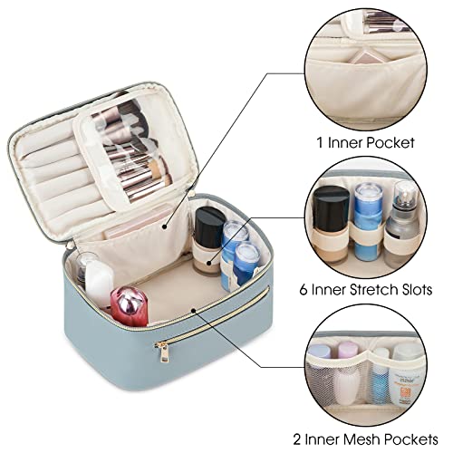 Wandering Nature Makeup Bag, Travel Make Up Organizer Cosmetic Brush Bags Case for Women in Vegan Leather, Grayish Blue, Patent Pending | Portable Make Up Essentials Organizer, Brush Bags for Skincare Cosmetic Lipstick, Eco Vegan Leather, Grayish Blue - c