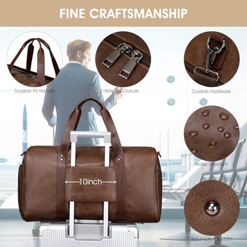 3PCS Faux Leather Weekender Bag for Women Men Travel Bag Overnight Bags | Leather Travel Duffel Bags for Traveling with Shoe Compartment Toiletry Packing Cube Carry On Tote Bag Men Fit 21.5" Laptop - color: Coffee