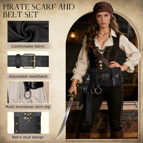 Renaissance Belt Pouch Medieval Pirate Costume Accessories Set for Cosplay | Viking Faux Leather Waist Bag, Skirt Hike Clips, Perfect for Women and Men Ren Faire, LARP, Fantasy, Halloween - color: Black-N