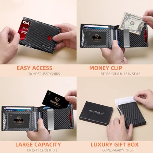RUNBOX Slim Wallet for Men - RFID Blocking Leather Bifold with Money Clip | Minimalist Front Pocket Wallet Holds 11 Cards,Slim Thin Design,RFID Blocking Protection, Practical Birthday Gifts for Men - color: Carbon Black