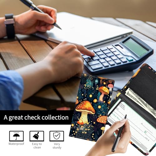 Checkbook Cover for Personal Checkbook, Cute PU Leather Check Book for Women & Men, Slim Checkbook Holder with Pen Holder and Built-in Clear Plastic Divider Glowing Forest Mushrooms - color: Glowing Forest Mushrooms
