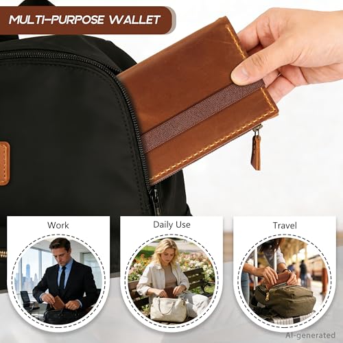 Robrasim Leather Wallet for Men and Women, Handmade Detachable Chain Wristlet Long Bifold Clutch with Large Capacity Zipper Coin Pocket (Brown, 7.87"x4.17") - color: Brown