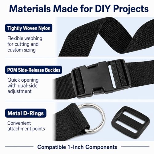RNKP 1-Inch Buckle and Strap Kit, 12 Yards Nylon Webbing, D-Rings - size: 1" 12 Pcs Buckle Set
