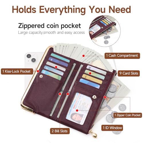 GOIACII Womens Wallet Kiss Lock Bifold Leather Wallets for Women Vine Red - color: A06 Vine Red