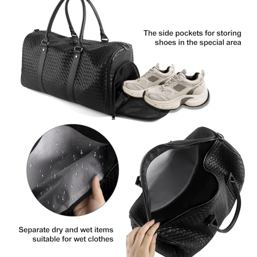 Weekender Bags for Women Woven Leather Travel Duffle Bag Gym Tote (Black) | Carry On Bag for Men with Shoe Compartment Dry and Wet Separation - color: Black