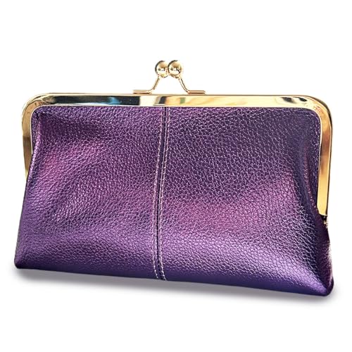 Genuine Leather Long Kiss Lock Wallet for Women | RFID Blocking, 8 Card Slots, Money Clip, Zipper Coin Pocket, Handheld Clutch Purse - color: Pearlescent Purple