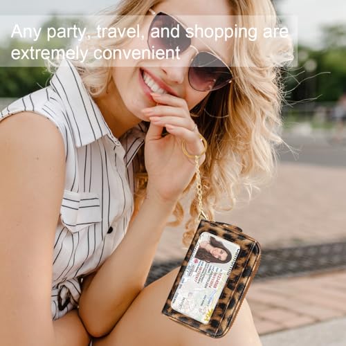 Double Zipper Card Wallet Credit Card Holder Leopard Brown Leather Small Cute Card Wallet for Women with Keychain, Leopard - color: Leopard