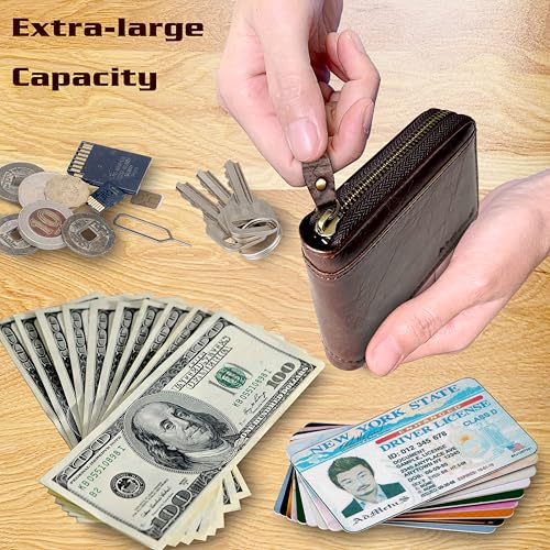 Admetus Mens Zipper Wallet Leather Zip Bifold RFID Blocking Card Holder - color: Brown159