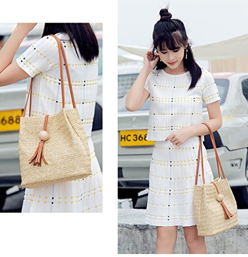 Medium Straw Bag Hand Weave Beach Handbag Summer Crossbody Shoulder Bags Bucket Tassel Totes for Women - color: Brown
