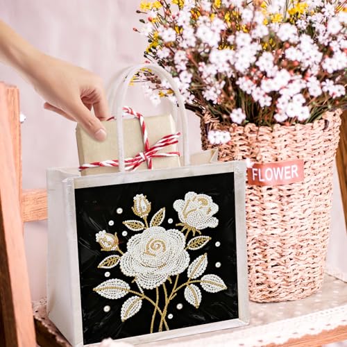 Xylzzuit DIY Pearl Painting Canvas Tote Bag Kit 11.42IN Diamond Art Handbag for Women Shopping Grocery Bag Dots Beads Art Craft Gift (Flower03) - color: Flower03