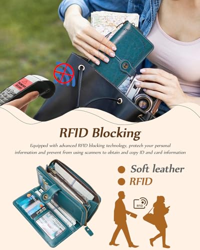 TFKGS Wallet for Women RFID Blocking Leather Large Capacity Card Holder Ladies Phone Clutch Travel Long Purse Wristlet | RFID Blocking - color: 2-Upgrade-Wax-Dark Blue