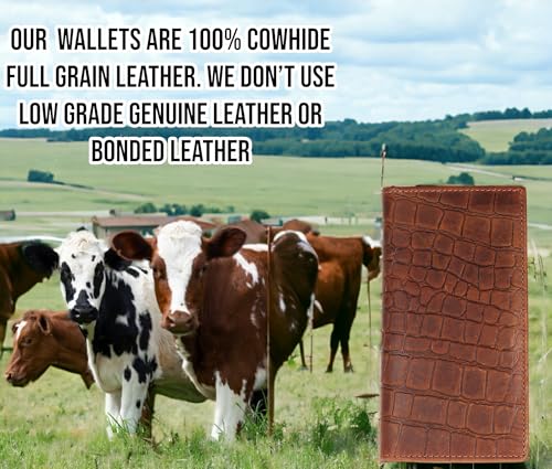 F&L CLASSIC Men's RFID Vintage Look Genuine Leather Long Bifold Wallet Checkbook Wallets,Crocodile style brown,240-70 - color: Crocodile style brown