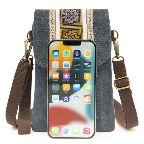 SILKAREA Vintage Embroidered Canvas Flip Small Crossbody Bag Cell Phone Pouch for Women Wristlet Wallet Bag Coin Purse - color: Grayish Blue