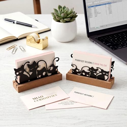 CroBlissful 2 Pcs Cat Business Card Holders for Desk, Wood & Metal Black Funny Business Card Display Cats Silhouette Stand for Home Office - size: Wood, style: Black Cat