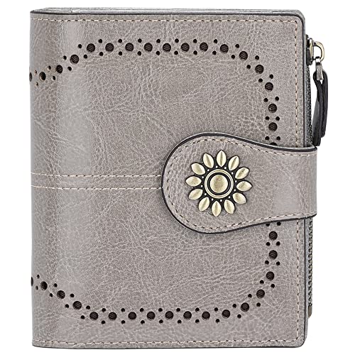 Womens Leather Wallet Small Compact RFID Blocking Credit Card Case Purse with Zipper Pocket | Small - color: Gray