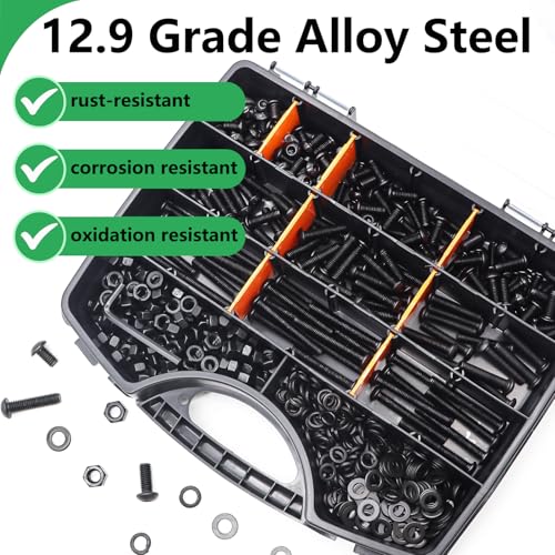 Twidec/633PCS M6 Bolt Assortment Kit 12.9 Grade M6x10/12/14/16/20/25/30/35/40/45mm Button Head Hex Socket Cap Screws Metric Bolts Nuts Washer Assortment Kit Black Alloy Steel N-103-633PCS - color: Black 633PCS M6