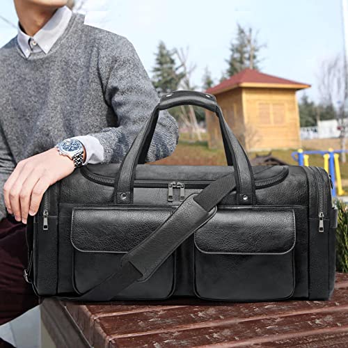 BOLOSTA Travel Duffel Bag for Men Women, Large PU Leather Carry on Duffle Bags for Traveling, Waterproof Overnight Weekender Duffel Bag with Shoe Compartment - Perfect for Daily Use/Birthday Gift - color: Black