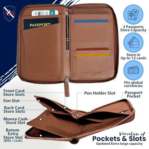 ALLEN & MATE Genuine Leather Passport Holder for Travel, RFID Blocking Travel Wallet Fits 2 Passports and 12 Cards, Zippered Document Organizer with SIM Slot and Pen Loop for Men and Women - color: Tan