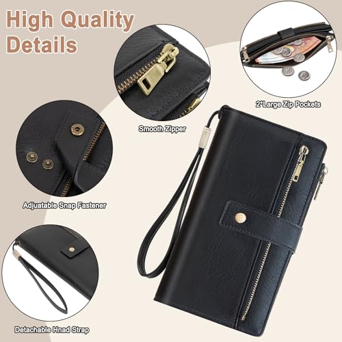 Large Wallets For Women Rfid Blocking Wallet Pu Leather Ladies Wallets Zipper Long Wallet With 24 Card Holders,2 Id Windows And Coin Pocket Wristlet Purses For Women Ladies. Black - color: Black
