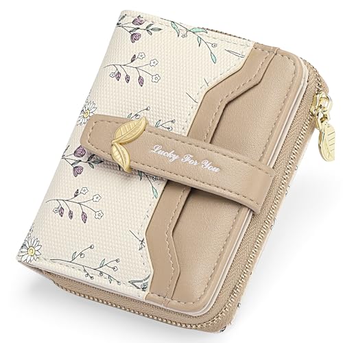 GAEKEAO Small Wallets Woman RFID Blocking Vegan Leather Bifold Floral Ladies Purse Card Holder with Zipper Pocket ID Window - color: Z-Khaki