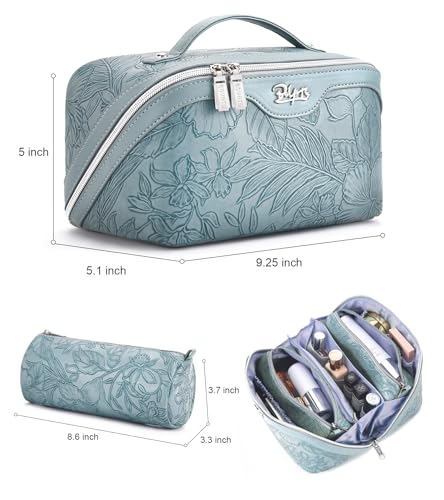 BOYATU Travel Makeup Bags Cosmetic Organizer Bag: Floral Make up Bag | 3 Pcs Set Large Capacity Makeup Bag with Compartments - Waterproof Leather Toiletry Bags with Handle for Women (Blue) - color: 01-Light Blue