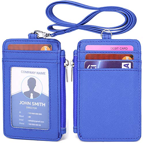 ID Badge Holder with Neck Lanyard PU Leather ID Badge Wallet Case with 1 ID Window, 4 Card Slots, 1 Side Zipper Pocket - color: Blue