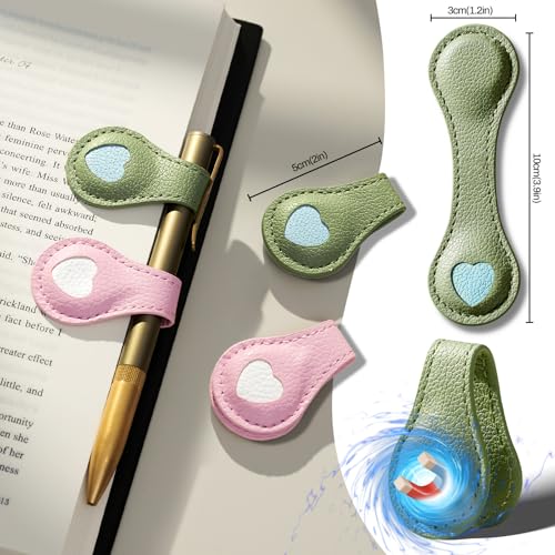 Ovesmusl 2Pcs PU Leather Heart Magnetic Bookmarks with Pen Holder | Pink and green set with double-sided magnets, gift box included, for books, notebooks, magazines, readers and teachers - style: Heart (Pink+Green)