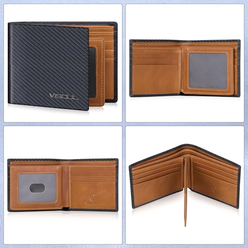 VISOUL Mens Carbon Fiber Leather Bifold Wallet with 2 ID Windows, RFID Blocking Stylish Wallet for Men with 2 Cash Compartments (Black+Yellow) - color: Black+Yellow