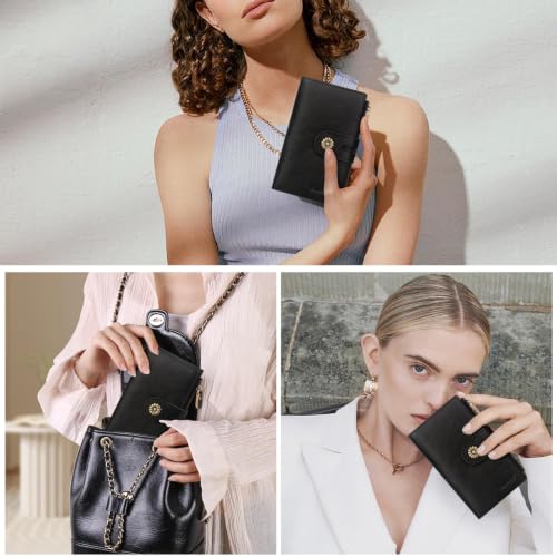 Full Real Leather Trifold Wallet for Women With RFID Blocking - color: a5-black