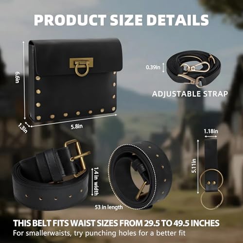 Renaissance Belt Pouch Medieval Pirate Costume Accessories Set for Cosplay | Viking Faux Leather Waist Bag, Skirt Hike Clips, Perfect for Women and Men Ren Faire, LARP, Fantasy, Halloween - color: Black-J