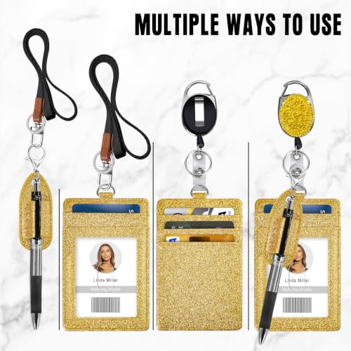 Retractable ID Badge Holder with Lanyard, Belt Clip Key Ring, Pen Holder - color: Gold