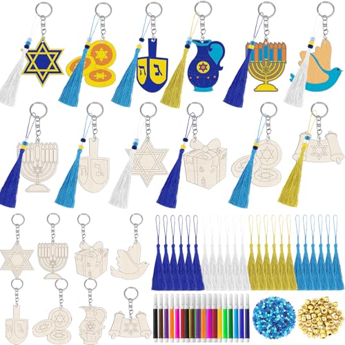 Cinrobiye 24 Set Hanukkah Craft Kits Chanukah Keychains Kits Festival of Light Party Favors DIY Jewish Wooden Paint Keychains Gifts for Christmas Holiday Sunday School Classroom Home Activity Supplies - style: Hanukkah